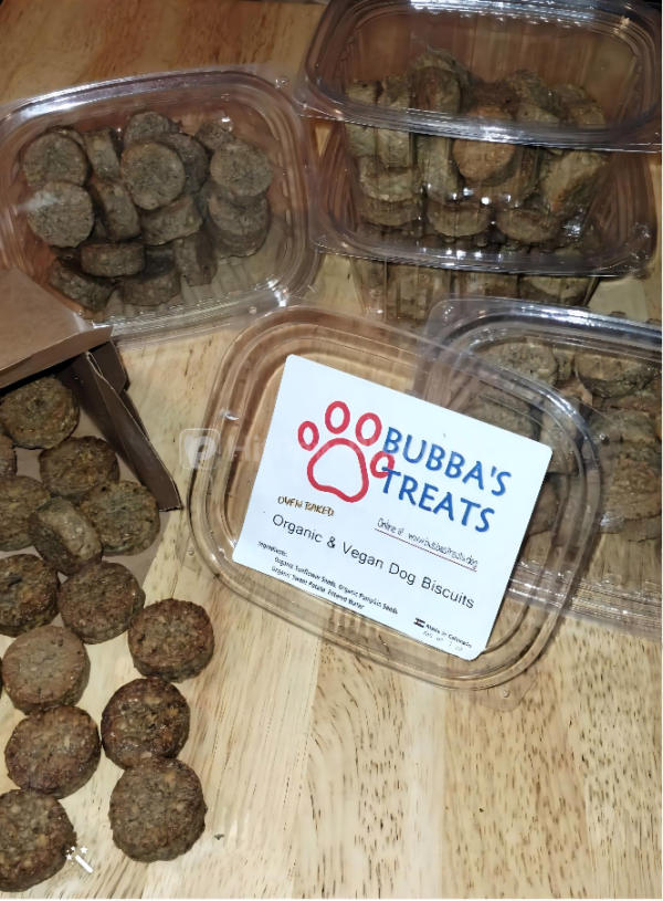 Bubba's Treats package amid actual treats on butcher block wood