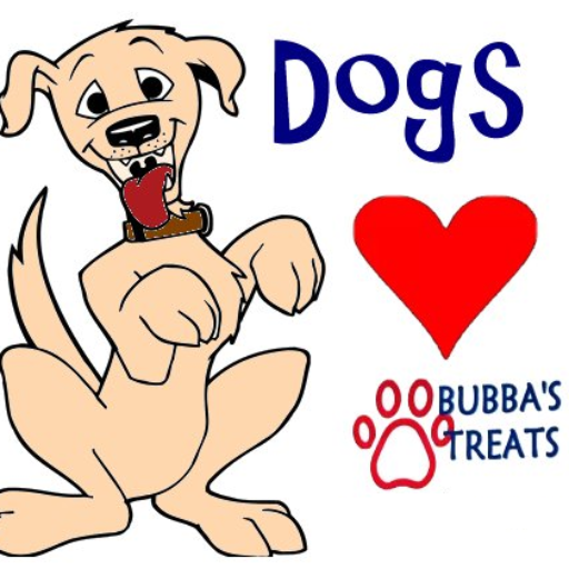 Dogs heart Bubba's Treats w/ cartoon sketch of dog standing